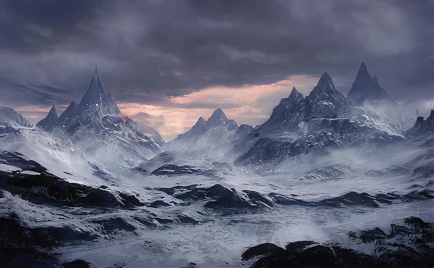 vuoret, lumi, jää, digitaalinen taide, fantasia, unenomainen, satu, abstrakti, psykedeelinen, digitaalinen, vuori