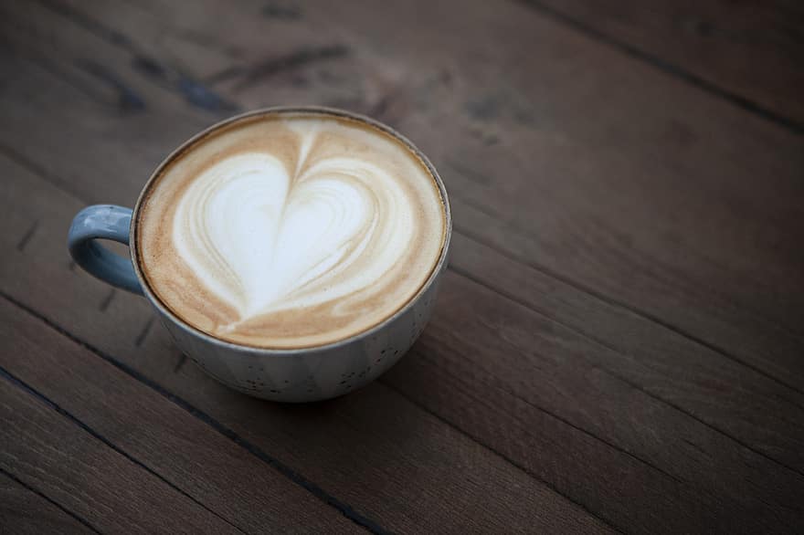 kaffe, cappuccino, latte art, kaffekonst, hjärta, skum, kaffeskum, dryck, utsökt, kopp, närbild