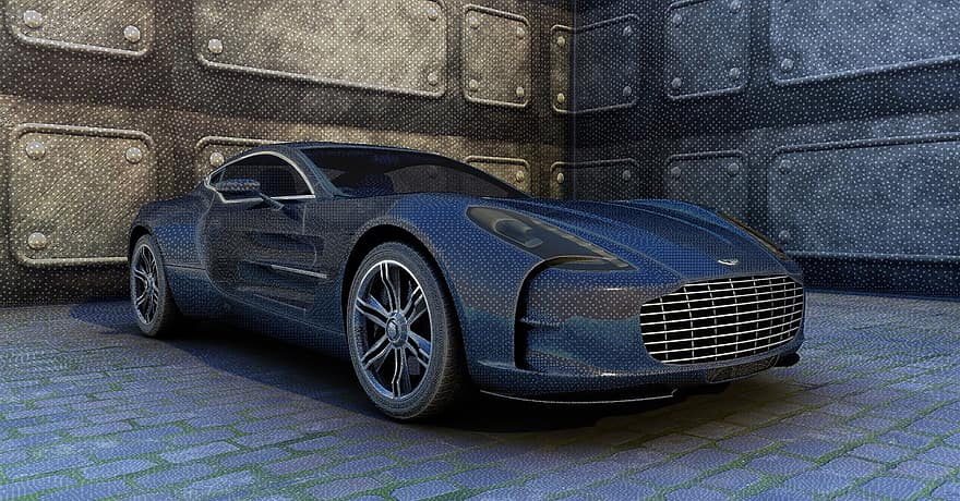 Aston, räystäspääsky, Yhden 77, urheiluauto, auto, muoto, metallinen, auringon heijastukset, varjo, sali, betoniseinä
