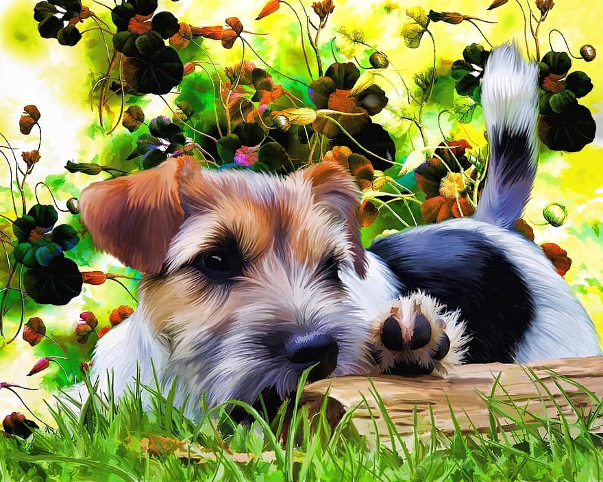 terrier, cachorro, cão, flores, fofa, animal, cãozinho, adorável, arte, arte digital, pintura digital