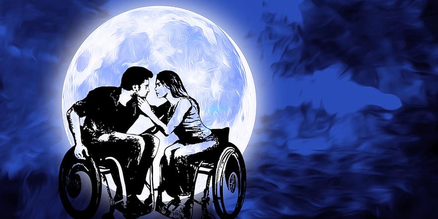 инвалидное кресло, гандикап, инвалидность, отключен, Луна, ночь, небо, полнолуние, свет луны, темно, астрономия