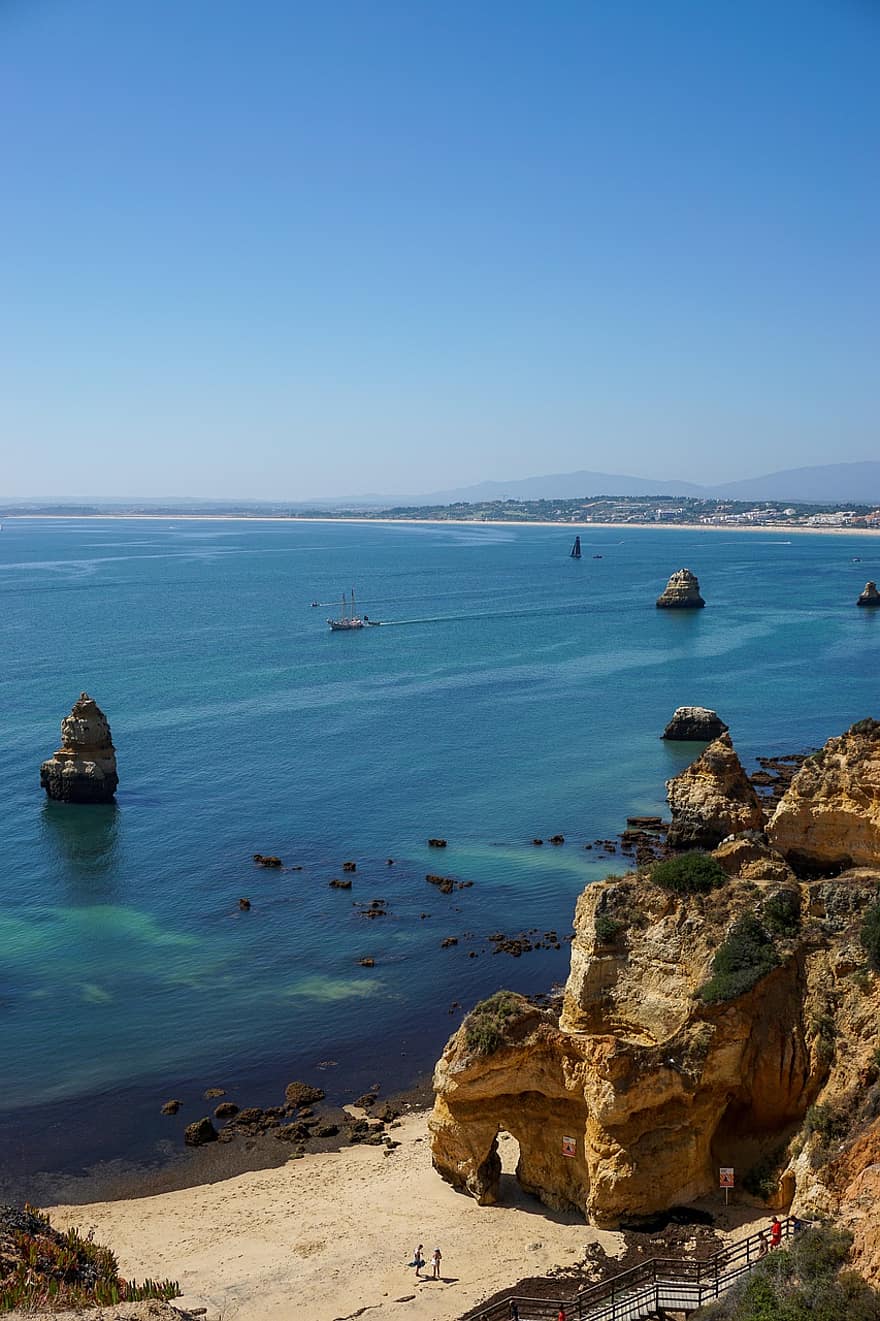strand, óceán, praia do camilo, Algarve, szikla, tenger, homok, víz, természet, tengerpart, ég