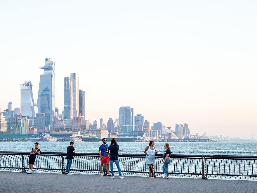 Нью-Йорк, город, залив, Hudson Yards, Манхеттен, NYC, городской пейзаж, линия горизонта, парк, люди, на открытом воздухе