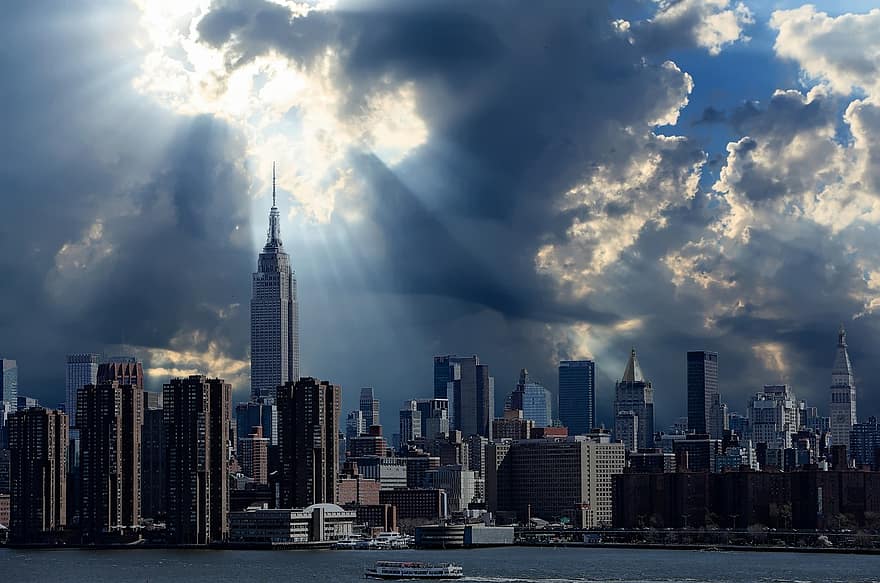 New York, Amérique, horizon de new york, gratte ciel, architecture, Nouvelles bleues