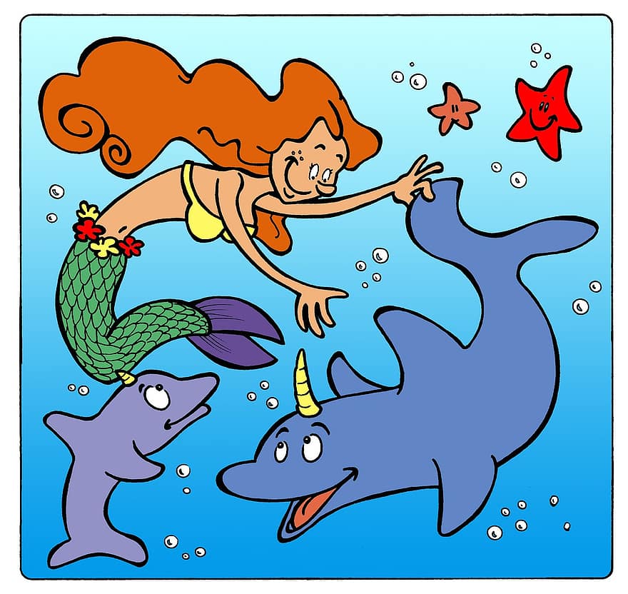 русалка, дельфін, океану, комічний, малювання, ілюстрації, блакитний, води, заглушка, діаграми, мистецтво
