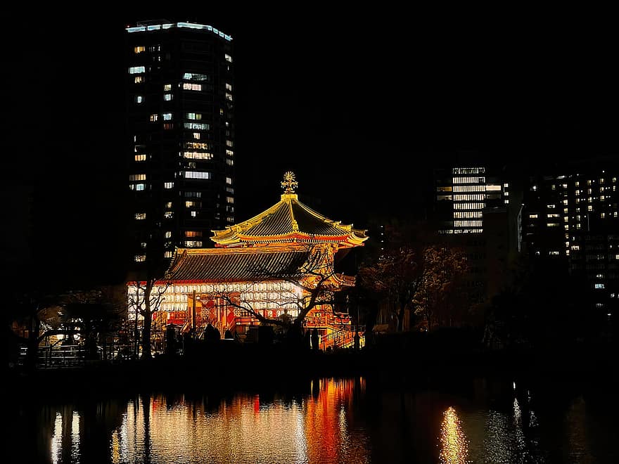 nuit, Étang Shinobazu, temple, Ueno Park, Taito City, tokyo, Japon, lumières de la nuit, lumières de la ville