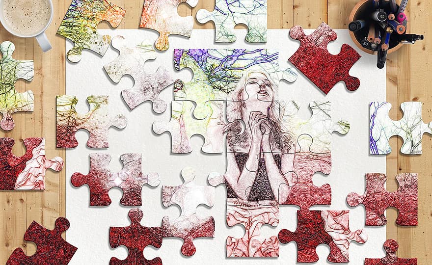 Puzzle, Sketch, Colors, Woman, Office, Coffee, Processing, Stroke, Paper