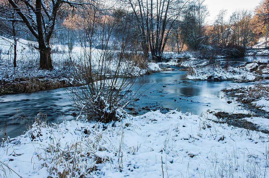 River, Trees, Winter, Frozen, Frost, Snow, Water, Ice, Cold, Wintry, Long Exposure