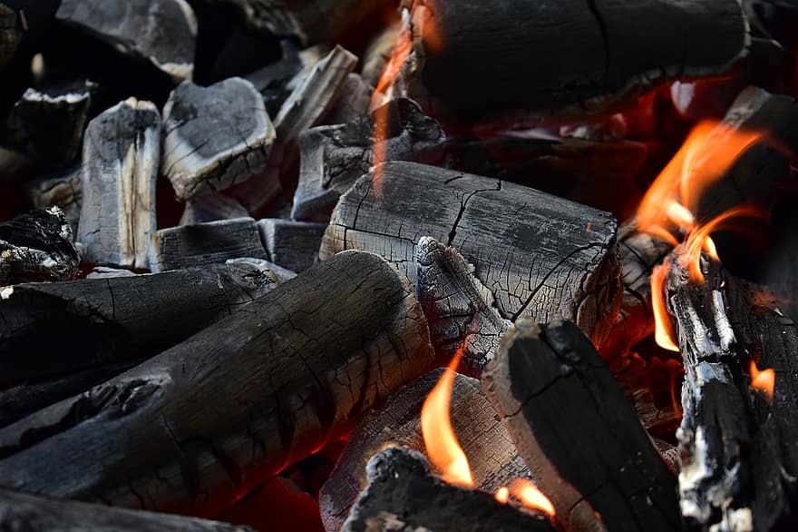 carvão, grade, fogo, fenómeno natural, chama, calor, temperatura, ardente, fechar-se, madeira, origens