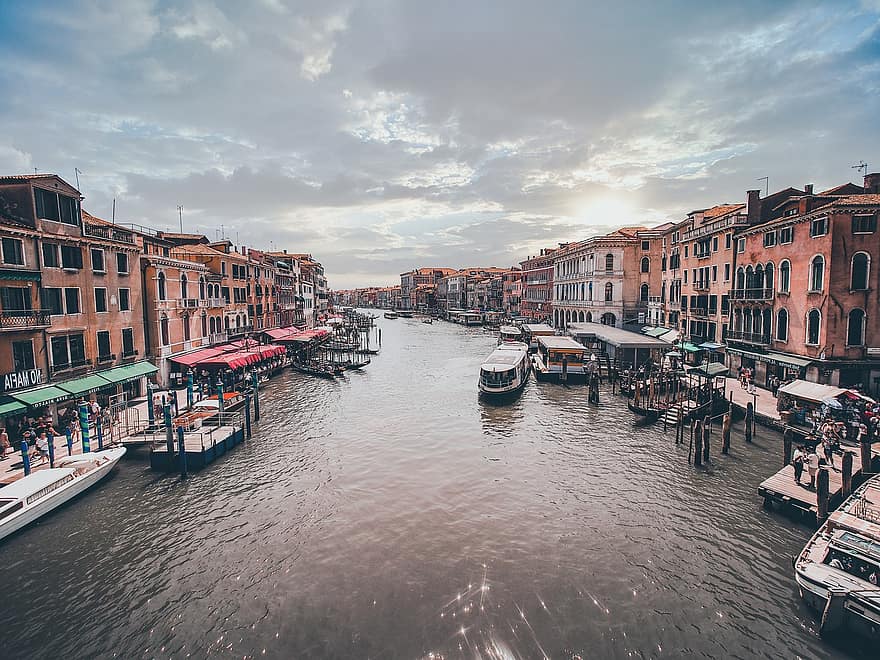 Benátky, Itálie, město, mraky, voda