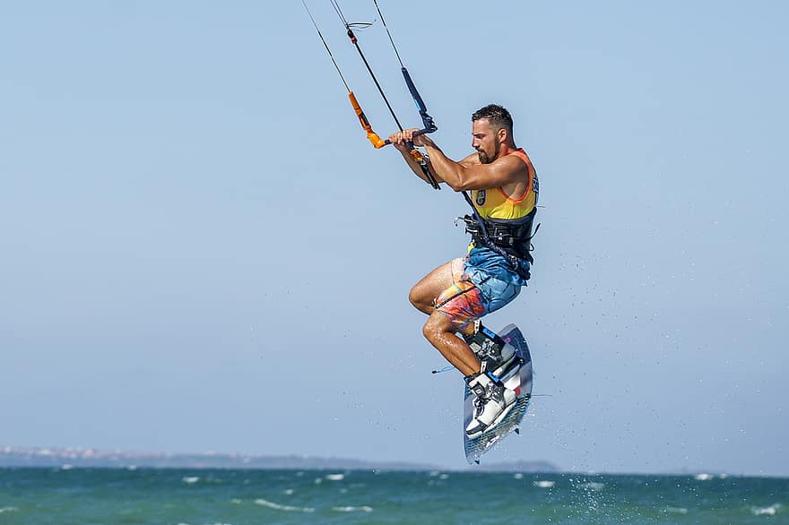 Mann, borde, hav, kite surfing, vannsport, Drage, kite boarding, vann, surf, kite surfer, vind