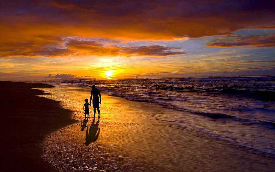 zonsondergang, silhouetten, vader, zoon, volwassen, kind, familie, strand, oceaan