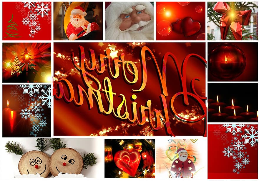 postkort, lykønskningskort, collage, jul, stearinlys, lys, dekoration, jul ornament, festlig, stjerne, juledekoration