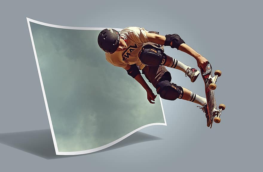 Skateboard, Helm, Protectors, Protection, Jump, Tricks, Sport, Extreme Sports, Man, Male, Person