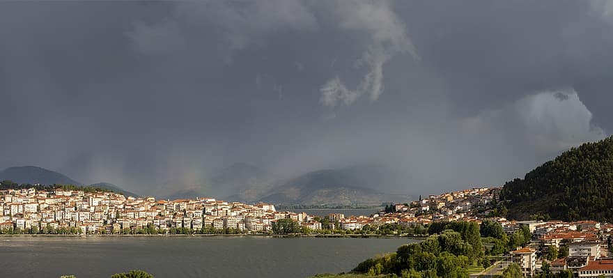 Kastoria, เมือง, ทะเลสาป, กรีซ, สิ่งปลูกสร้าง, ในเมือง, ภูเขา, หมอก, เมฆ, ท้องฟ้า, สภาพอากาศ