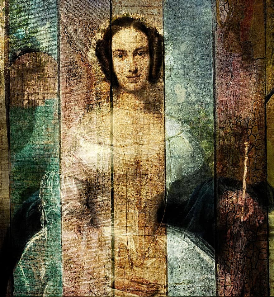 žena, portrét, tvář, zeď, starý, barva, šaty, veledílo, malování, dřevo, panel