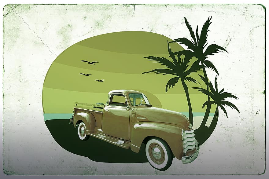 Chevrolet, Antique Car, Automobile, Flatbed, Transport, Background, Postcard