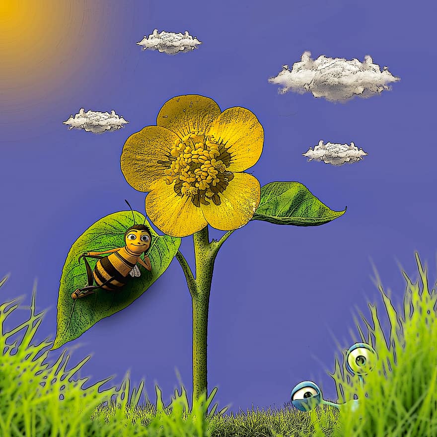лютик, цветок, завод, природа, пчела, мед