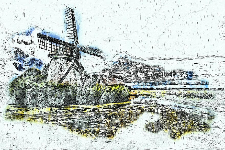 větrný mlýn, mlýn, rybník, mraky, architektura, historický, voda, Nizozemí, foto umění