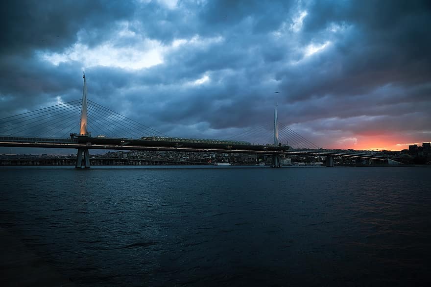 Bridge, Storm, Clouds, Rain, Sky, Turkey, dusk, architecture, sunset, water, night