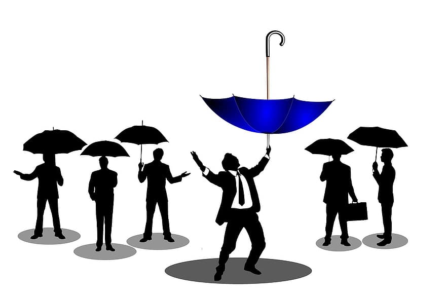 Bourse, Prise de risque, gagnant, stratégie, investisseurs, Succès, parapluie, pluie, homme d'affaire, vecteur, illustration
