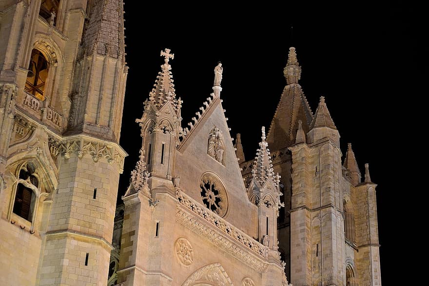Leon, katedral, gotisk, kirke, gammel, nat