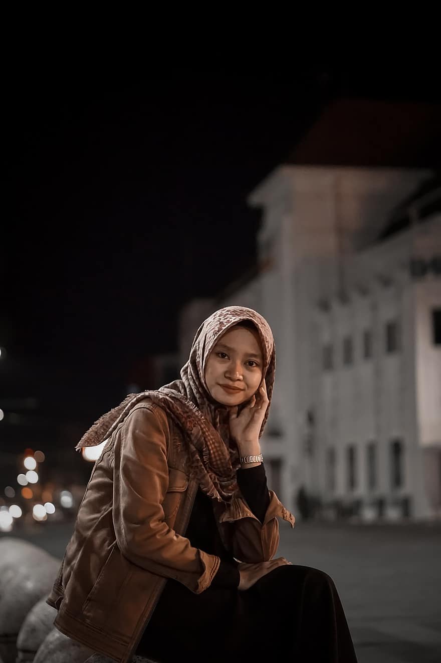 женщина, хиджаб, улица, ночь, индонезийский, прекрасный, красота, мода, модель, девушка, поза
