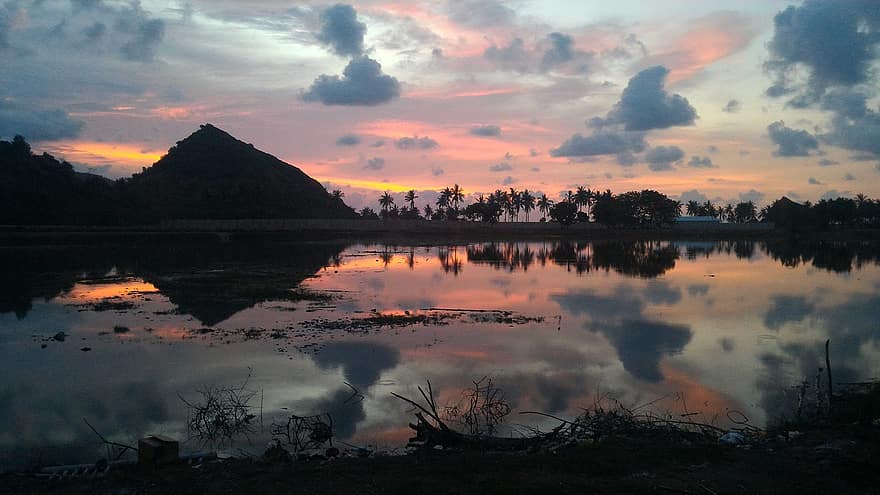 bali, sø, solnedgang, landskab, indonesien, Lombok, skumring, gylden time, solopgang, daggry, afspejling