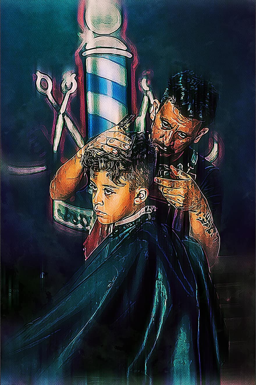 barber, butik, frisør, klipning, dreng, mand, han-, portræt