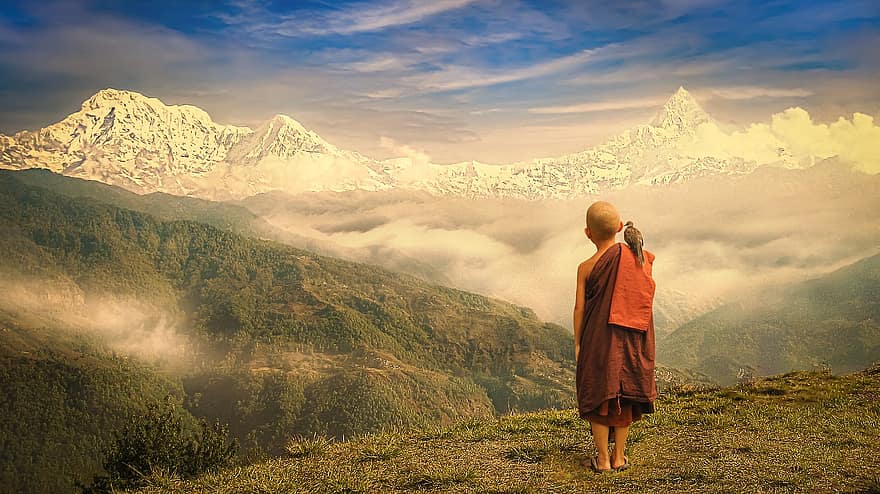 монах, планини, дете, млад, будист, будизъм, новак, samanera, човек и птица, любяща доброта, облаци