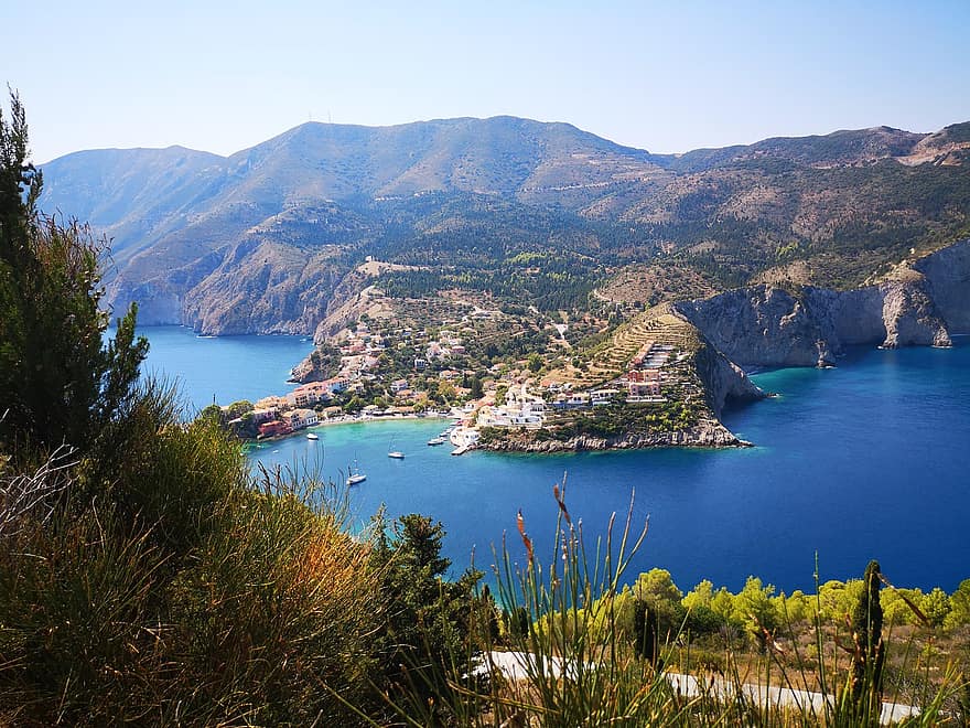 планини, море, Гърция, природа, Кефалония, брегова линия, лято, син, вода, почивки, пътуване
