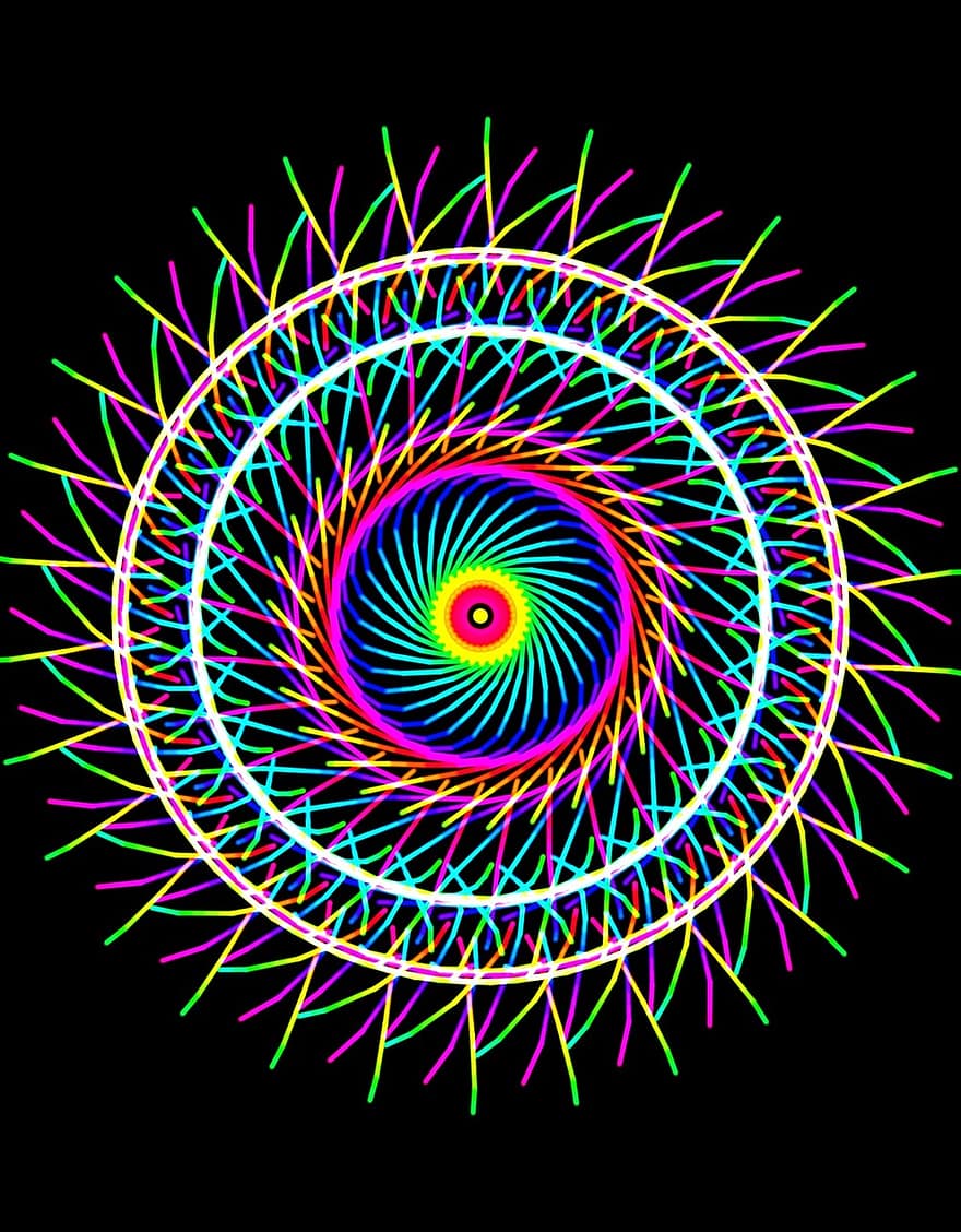 Spirograph, Đầy màu sắc, vòng tròn, nhiều màu, trừu tượng, màu xanh lá, màu xanh da trời, rosa, màu vàng, đang vẽ, màu sắc