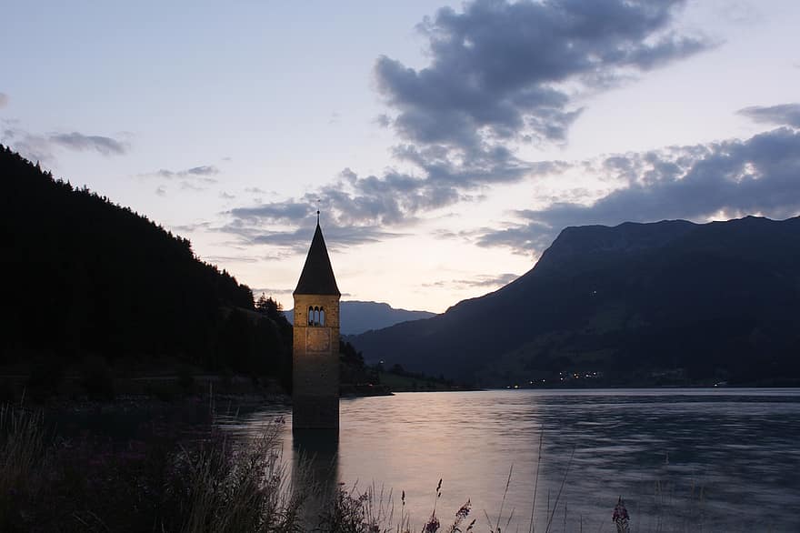 церковь, озеро, шпиль, резервуар, Reschen Pass, горы, воды, каникулы, пейзаж, высокогорный, горный переход, горный перевал