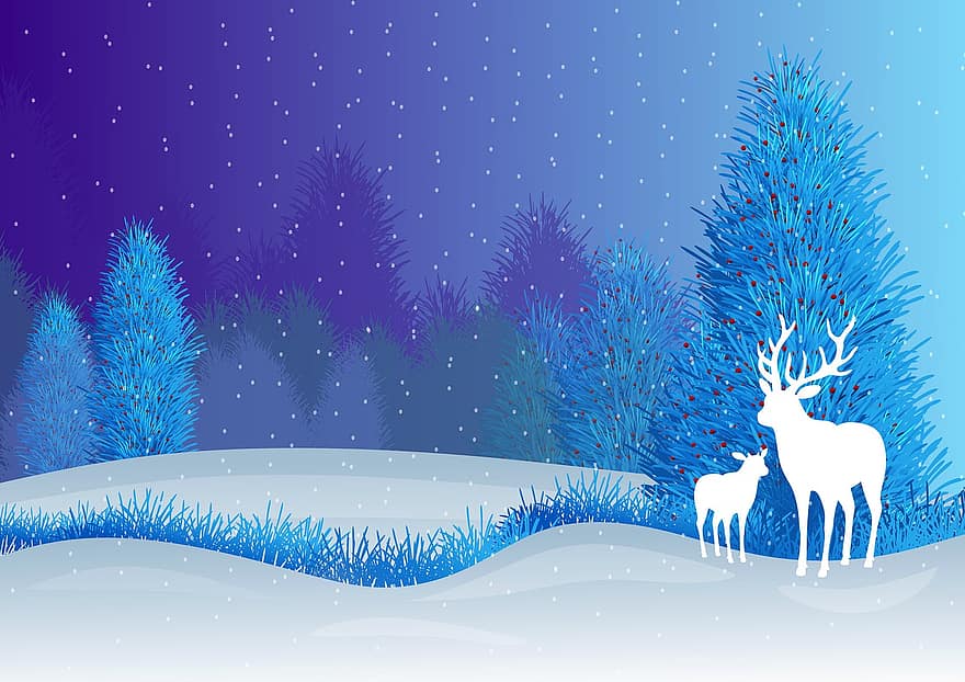 Navidad, ilustración, tarjeta, postal, paisaje, invierno, diciembre, ciervo, animal, silueta, nieve