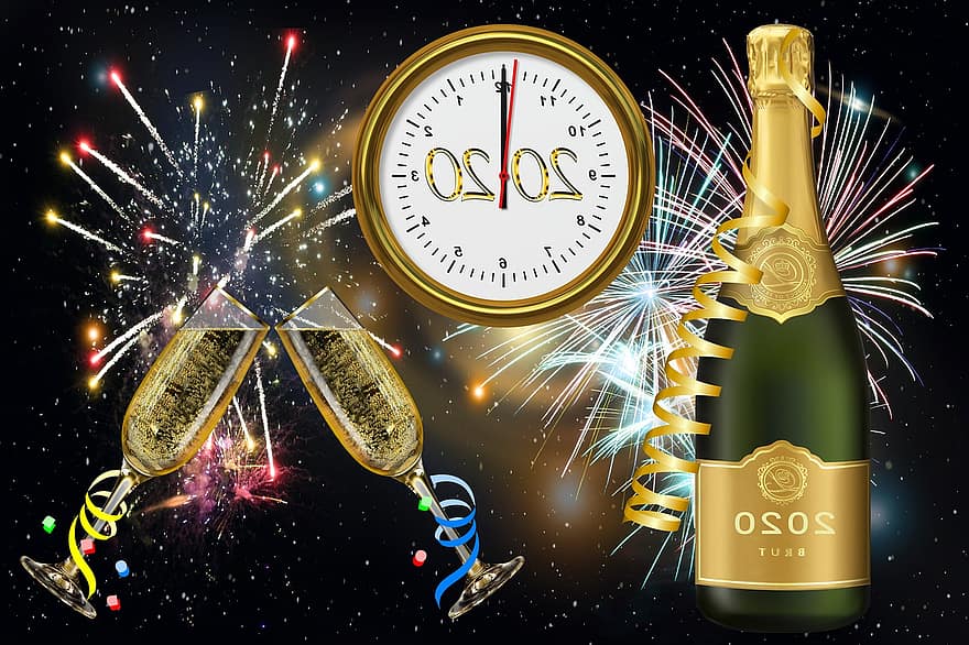 Véspera de Ano Novo, dia de Ano Novo, 2020, silvestre, volta do ano, comemoro, festival, bebida, confinar, sorte, champanhe