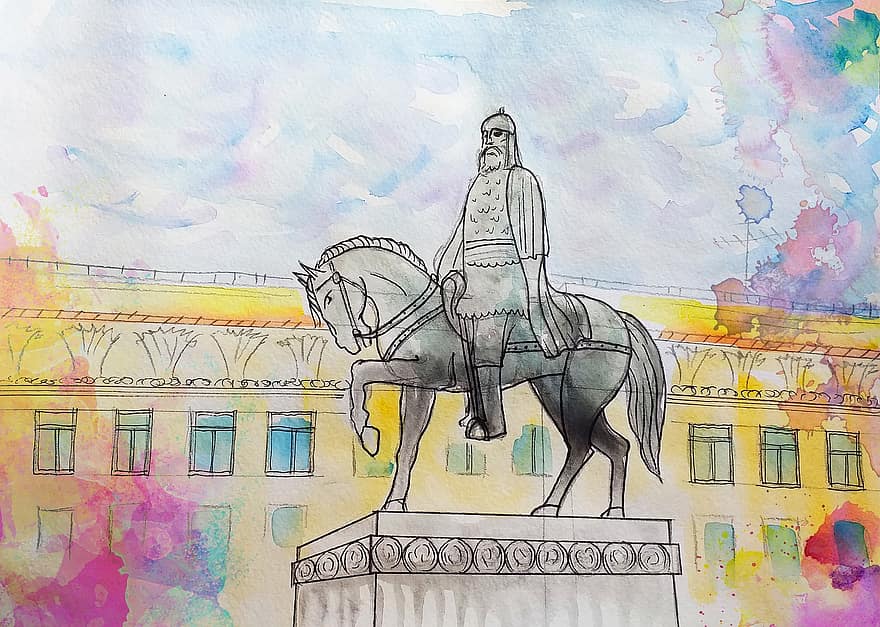 Juri Dolgoruky, monumentti, Moskova, Venäjä, akvarelli, nähtävyys, patsas, katu, iso alkukirjain, Venäjän kieli