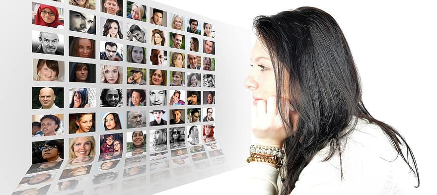 vrouw, gezicht, fotomontage, gezichten, fotoalbum, wereld-, bevolking, media, systeem, web, nieuws