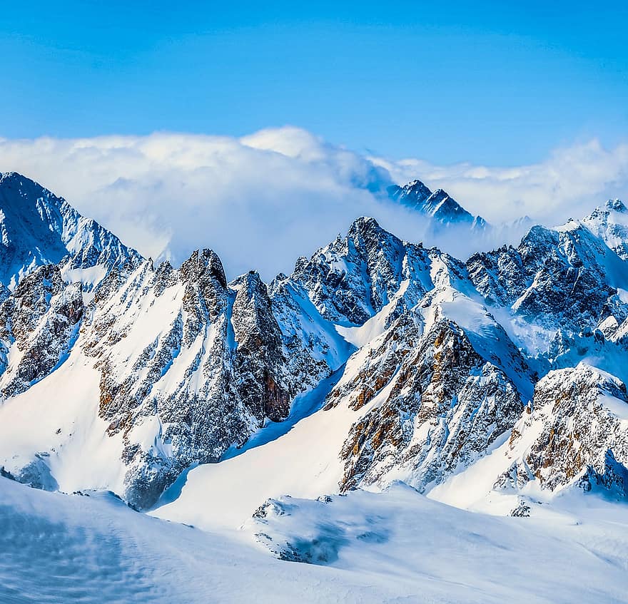 산들, 알프스 산맥, 눈, 눈 덮인 산들, 알파인, 슬로프, 산맥, 눈이 내리는, 흰 서리, 설경, 산 풍경