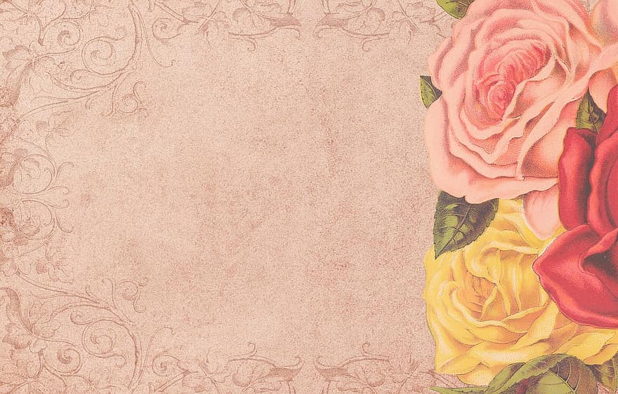 Vintage, Roses, Background, Paper, Old, Scrapbooking, Flowers, Colorful, Antique, Invitation, Guestbook