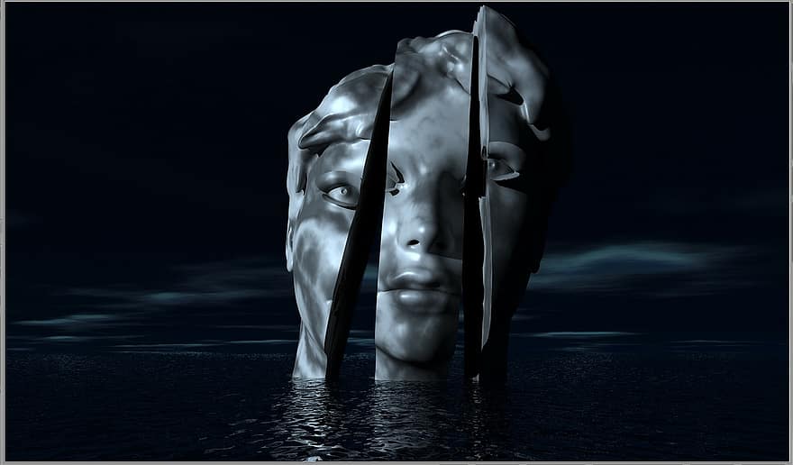 huvud, 3d, ansikte, kvinnans huvud, kvinnans ansikte, staty, marmor-, allegoriska representationer, 3, uppdelad i tre delar, inre konflikt