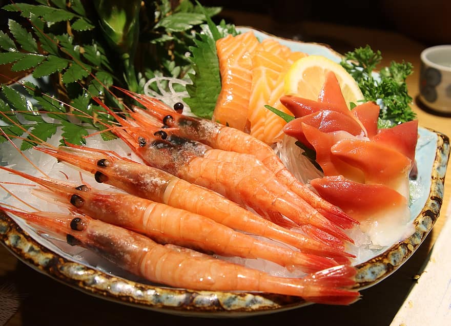 katkarapu, sashimi, merenelävät, ruoka, keittiö, ruokalaji, ateria, lohi, Surf Simpukka, tuore, herkullinen