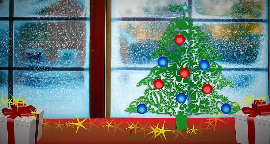 eglė, dovanos, šlifavimas, fonas, supakuoti, apdaila, raudona, Kalėdos, Kalėdų papuošimas, Kalėdų ornamentas, eglė žalia