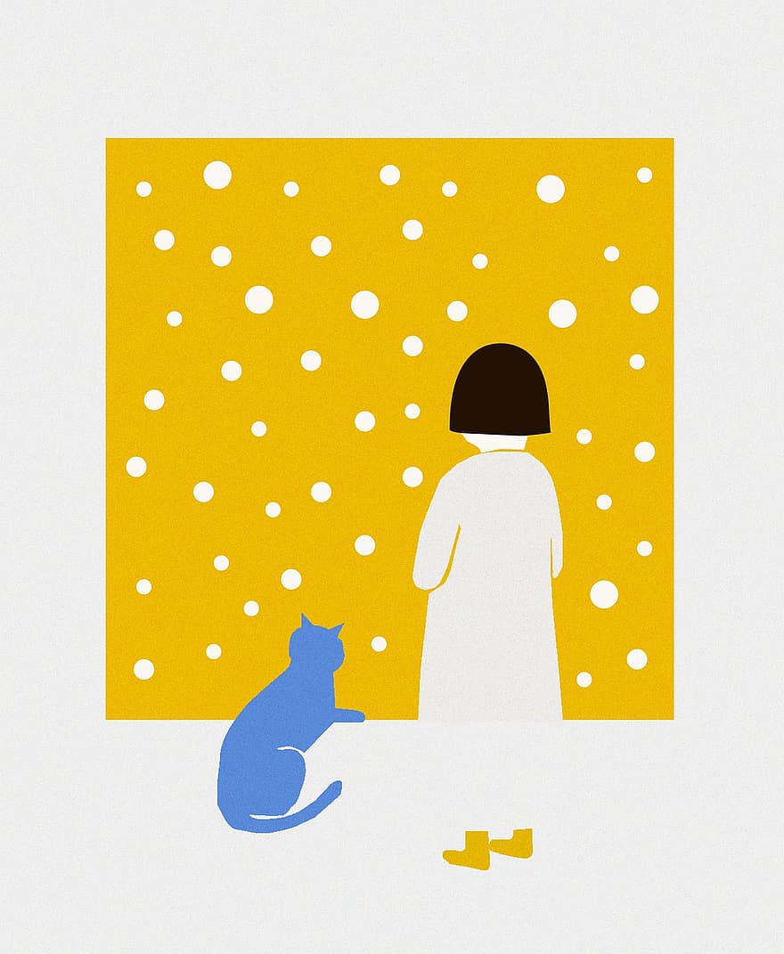 mur jaune, chat, fille, animal de compagnie, animal, mammifère, séance, Jeune, femme, art