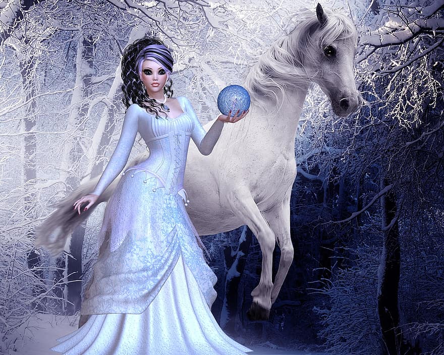 женщина, лошадь, фея, магия, волшебный, белый, платье, прекрасный, молодой, женский пол, животное
