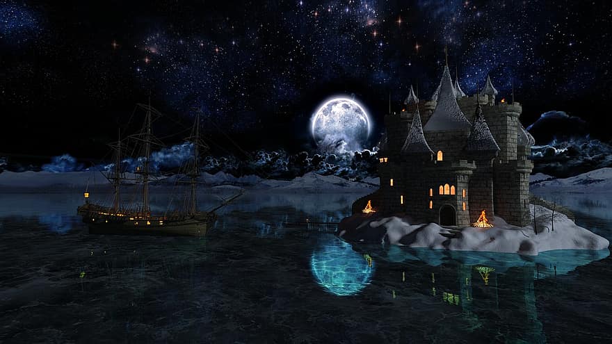 noche, castillo, iluminación, iluminación del castillo, edades medias, Luna llena, fotografia nocturna, agua, oscuro