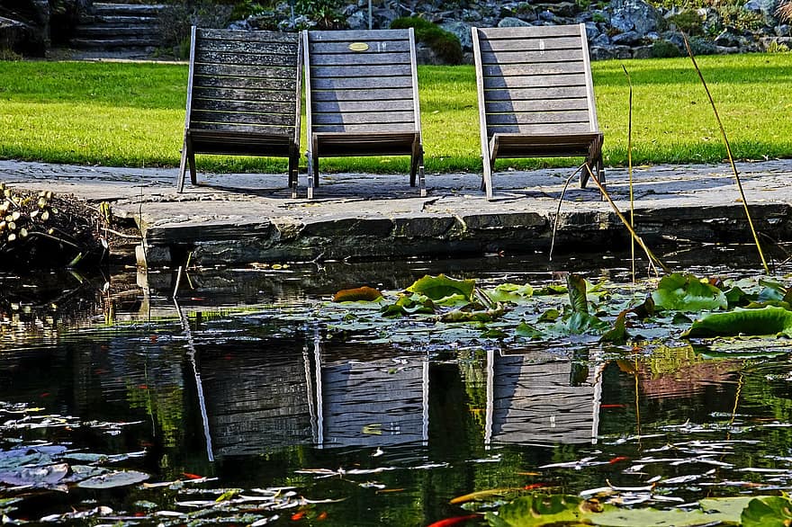 kėdės, tvenkinys, sodas, pobūdį, vanduo, vasara, žolė, mediena, kėdė, žalia spalva, atspindys