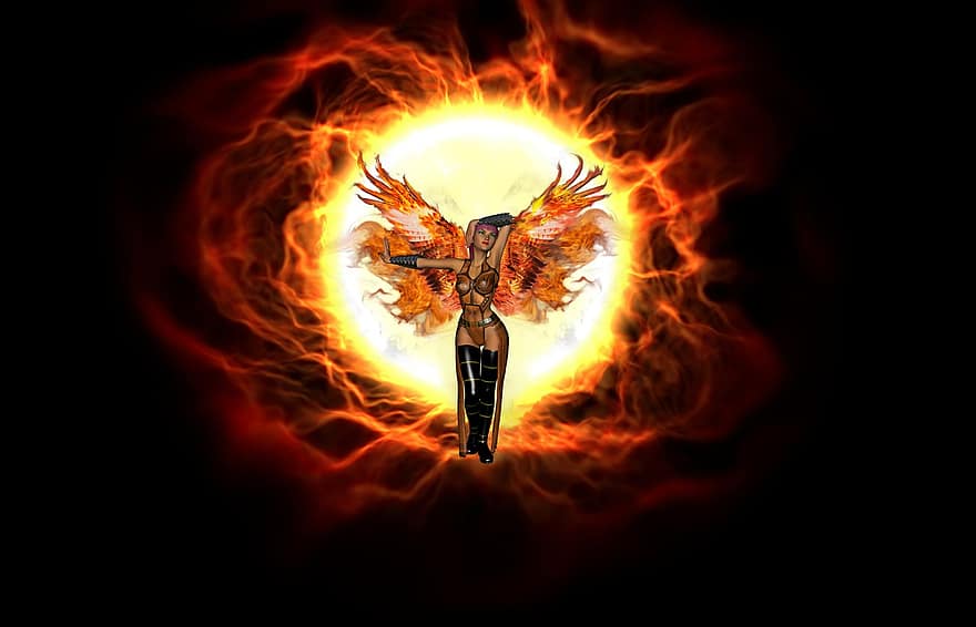 фон, портал, Пожар, женщина, ангел, пламя, естественное явление, иллюстрация, ад, летающий, сжигание