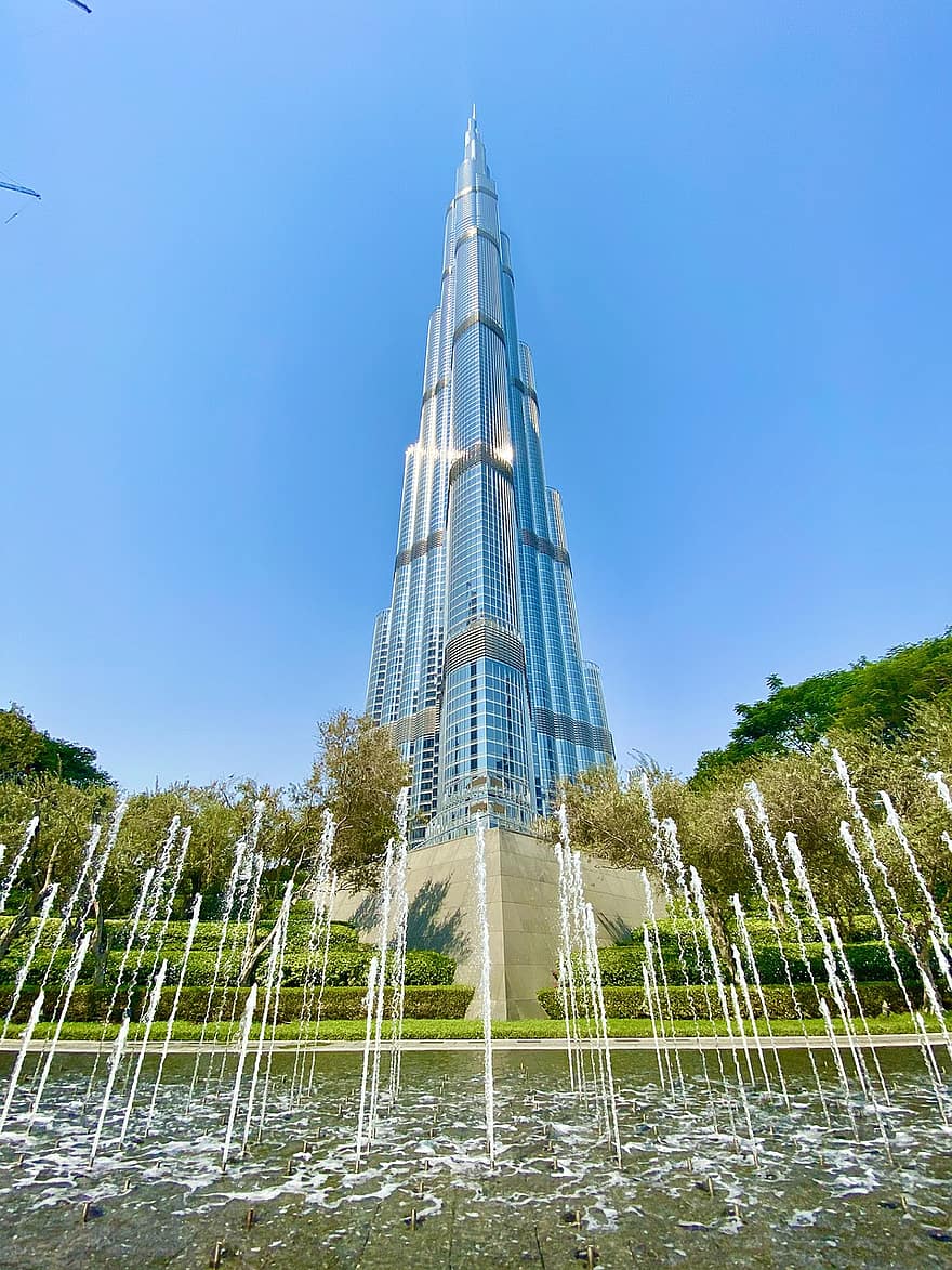 Dubajus, Burj Khalifa, dangoraižis, fontanas, Jungtiniai Arabų Emyratai, orientyras, architektūra, žinoma vieta, pastato išorė, pastatyta struktūra, miesto vaizdą