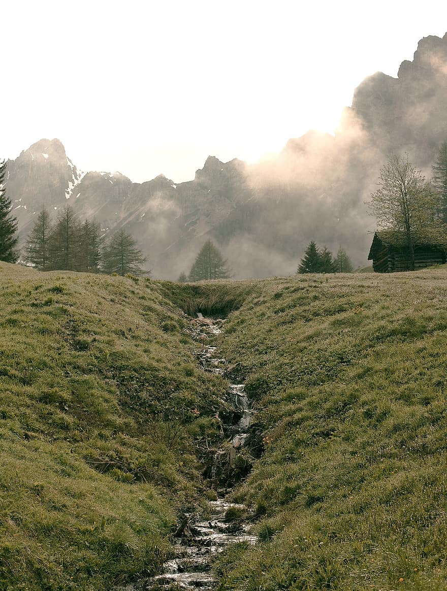 поток, ручей, планина, трева, мъглив пейзаж, пейзаж