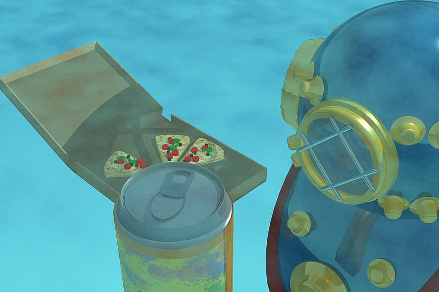 pizza, under vann, dykker, cola, 3d, vann, akvatisk, mat, hav, soda